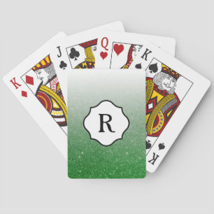 Black Monogram on Bright Green Glitter Ombre Playing Cards