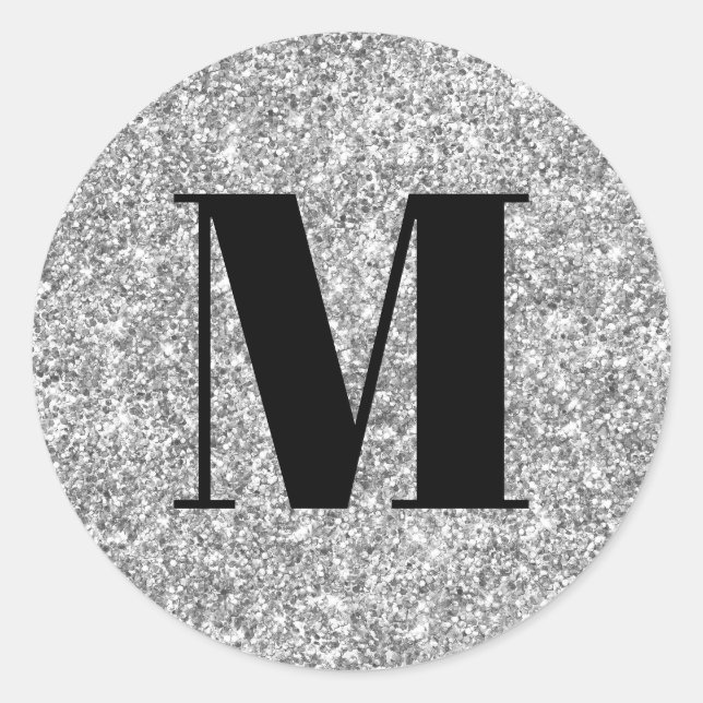 Black Monogram on Faux Silver Glitter Classic Round Sticker (Front)