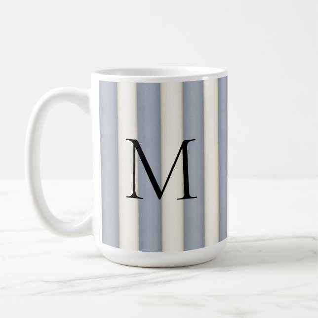 Black Monogram on Grey & Antique White Stripe Coffee Mug (Left)