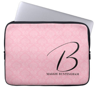 Black Monogram on Pink Damask Laptop Sleeve