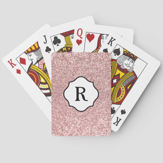 Black Monogram on Rose Gold Glitter Playing Cards (Back)