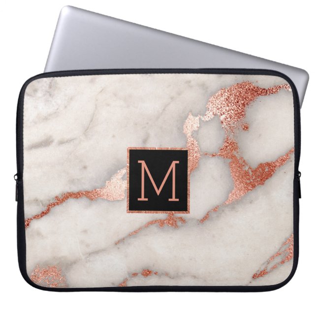 black monogram on rose gold marble stone laptop sleeve (Front)