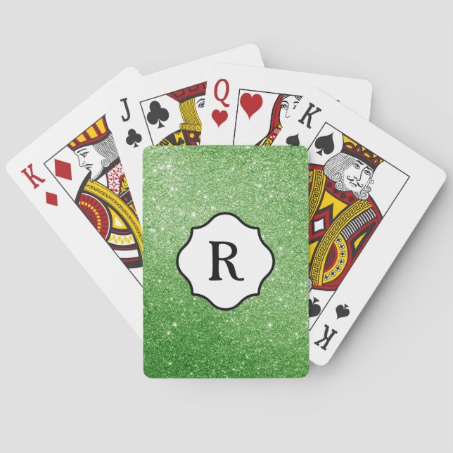 Black Monogram on Sparkling Bright Green Glitter Playing Cards (Back)
