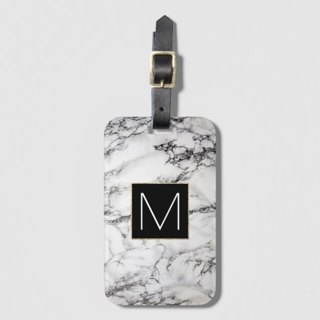black monogram on white stone luggage tag (Front Vertical)