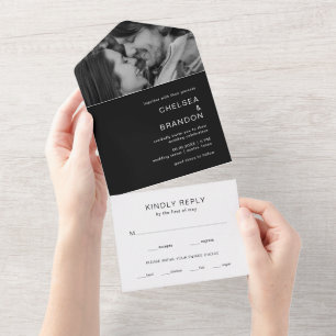 Black Monogram Photo Modern Wedding All In One Invitation