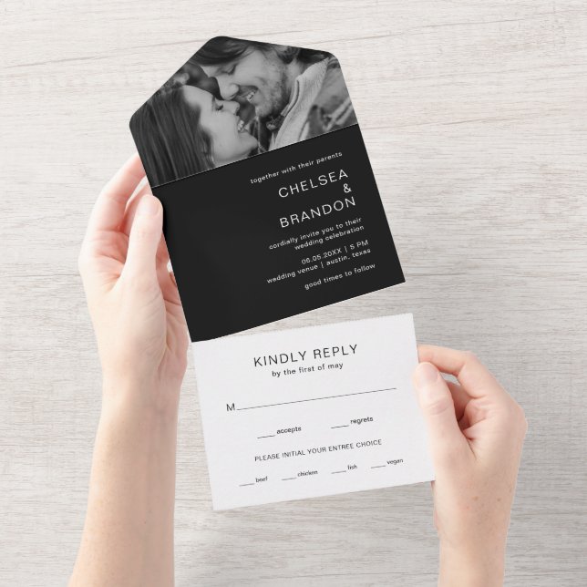 Black Monogram Photo Modern Wedding All In One Invitation (Tearaway)