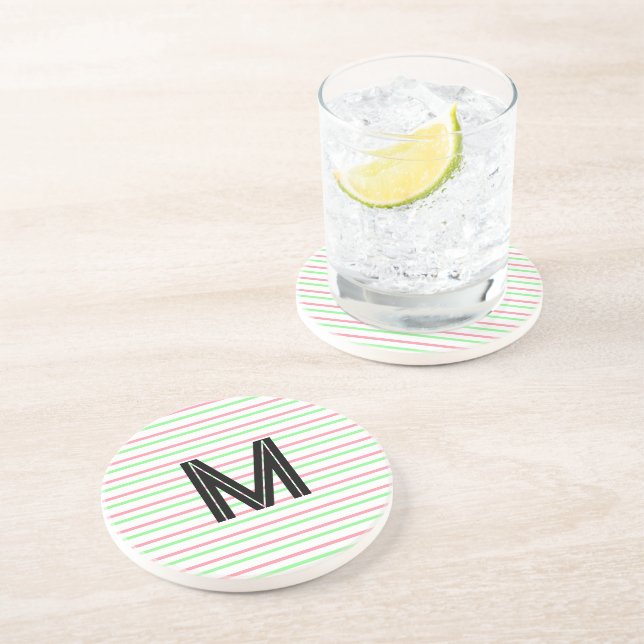 Black Monogram Pink Green White Stripes Coaster (Side)