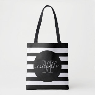 Black Monogram Script Calligraphy Modern Stripe Tote Bag
