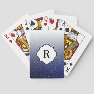 Black Monogram Sparkling Dark Blue Glitter Ombre Playing Cards
