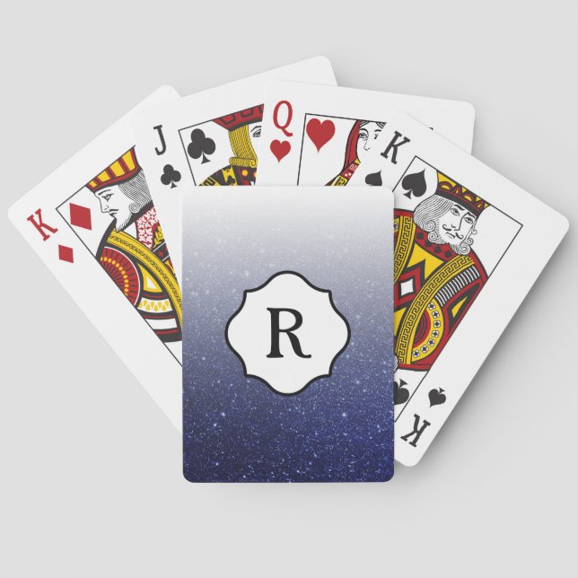 Black Monogram Sparkling Dark Blue Glitter Ombre Playing Cards (Back)