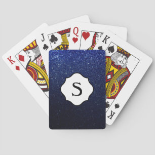 Black Monogram Sparkling Dark Blue Glitter Ombre Playing Cards