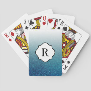 Black Monogram, Sparkling Dark Teal Glitter Ombre Playing Cards