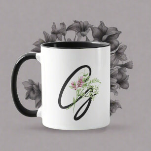 Black Monogram Typography "G" Elegant Flowers Mug