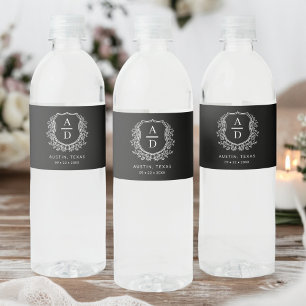 Black Monogram Wedding Floral Crest Water Bottle Label