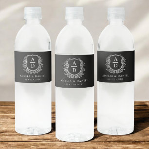 Black Monogram Wedding Floral Crest Water Bottle Label