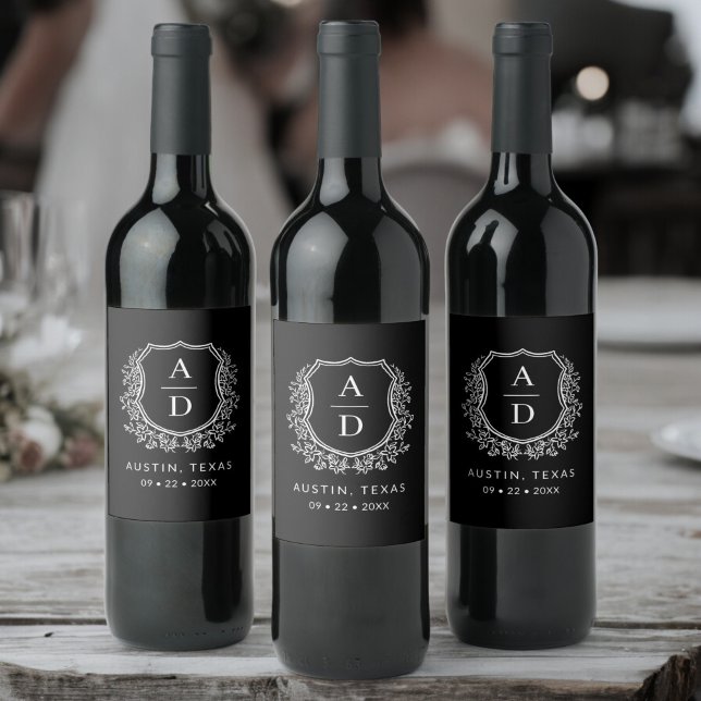Black Monogram Wedding Floral Crest Wine Label (Creator Uploaded)
