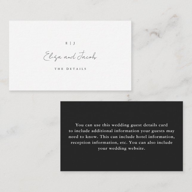 Black Monogram Wedding Guest Detail Enclosure Card (Front/Back)