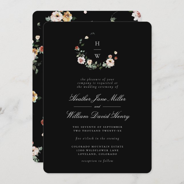 Black Monogram Wedding Invitation (Front/Back)
