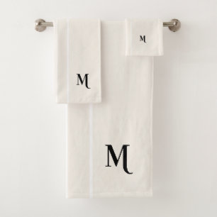 Black Monogram White Racing Stripes Ivory Cream Bath Towel Set