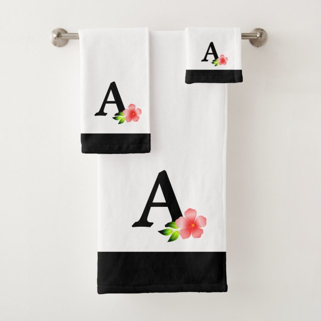 Black Monogram with Pink Flower bath towel set (Insitu)