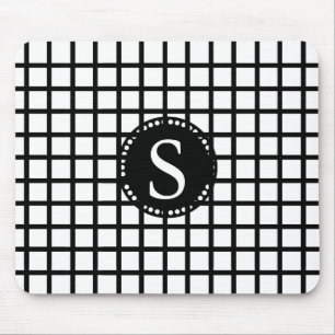 Black Monogram with White & Black Checks Stripes Mouse Pad