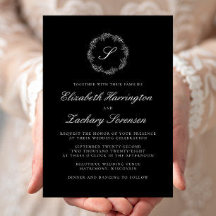 Black Monogram Wreath White Script Wedding Invitation