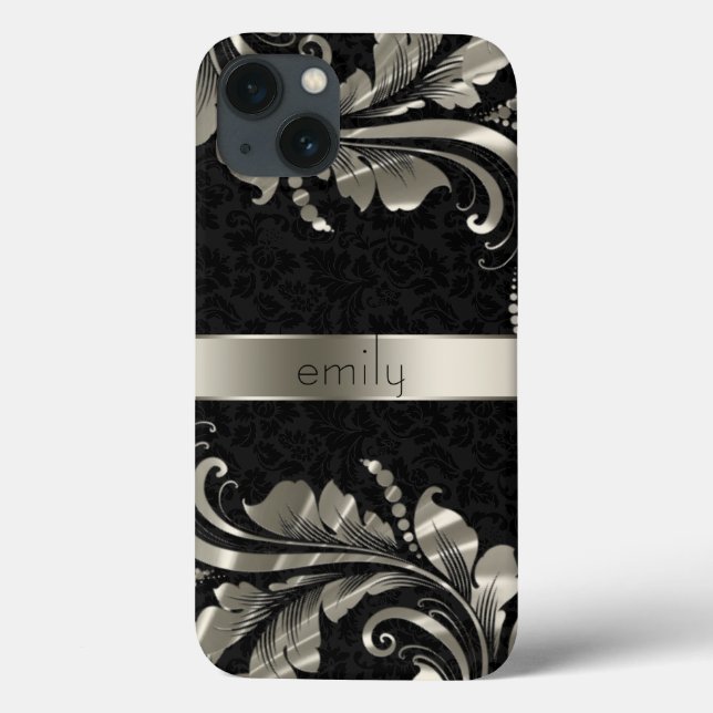 Black Monotones Damask And Silver Floral Swirls Case-Mate iPhone Case (Back)
