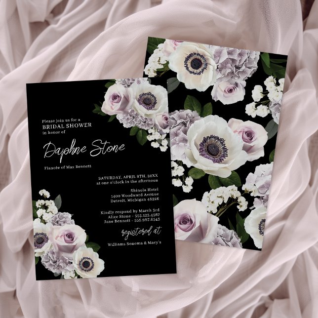 Black Moody Anemone and Purple Roses Bridal Shower Invitation (Creator Uploaded)