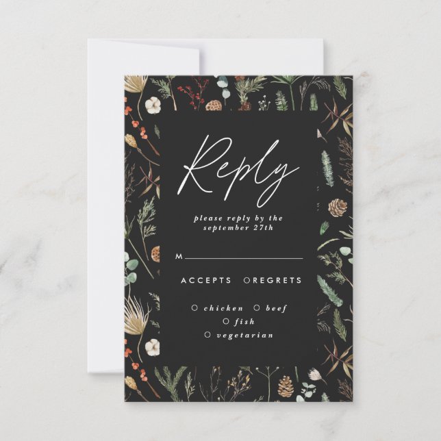 Black moody floral botanical elegant wedding reply invitation (Front)