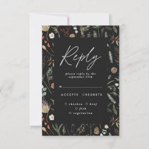 Black moody floral botanical elegant wedding reply invitation