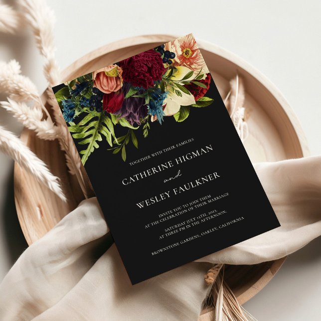 Black Moody Floral Burgundy Wedding  Invitation (Creator Uploaded)