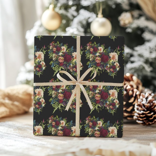 Black Moody Floral Burgundy Wedding  Wrapping Paper (Creator Uploaded)