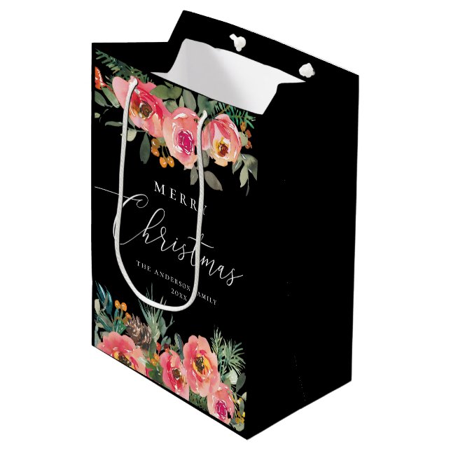 Black Moody Floral Christmas | Botanical Holiday Medium Gift Bag (Front Angled)