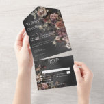 Black Moody Gothic Flowers & Mist Dinner Custom All In One Invitation<br><div class="desc">AVAILABLE WITH A QR CODE, OR WITH OR WITHOUT DINNER OPTIONS. Unveil the elegance of your gothic romance with our exquisite wedding invitations. Adorned with solemn sprays of faded flowers against a soft black background, each invitation is enveloped in a delicate veil of mist, setting the perfect tone for your...</div>