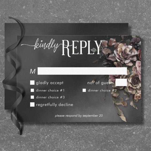 Black Moody Gothic Flowers & Mist Dinner RSVP Card (Black Moody Gothic Flowers & Mist Dinner RSVP Card)
