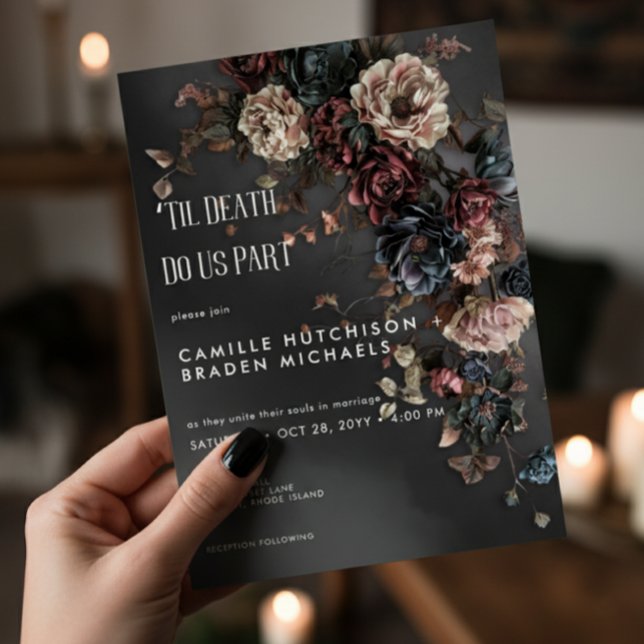 Black Moody Gothic Flowers & Mist Wedding Invitation (Creator Uploaded)