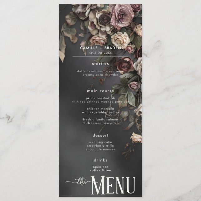 Black Moody Gothic Flowers & Mist Wedding Menu (Front)