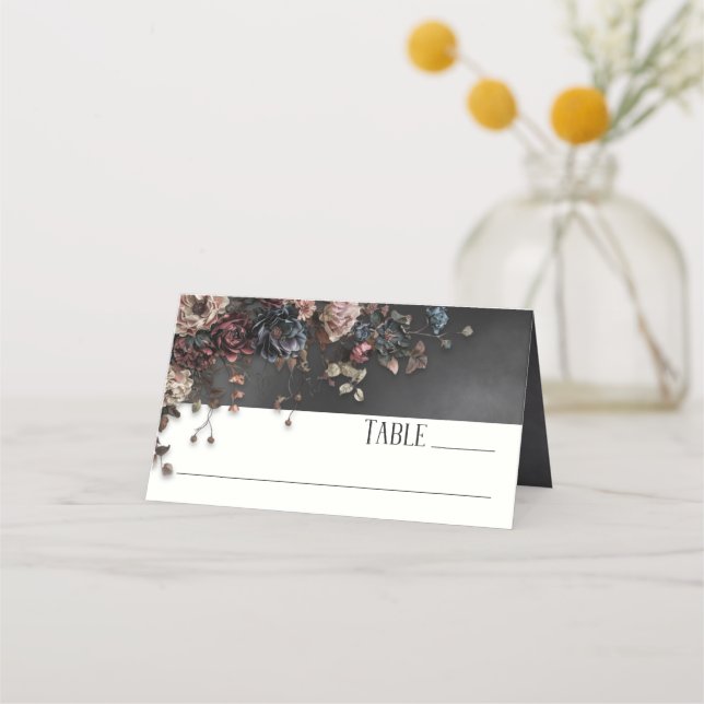 Black Moody Gothic Flowers & Mist Wedding Place Card (Front)