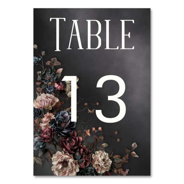 Black Moody Gothic Flowers & Mist Wedding Table Number (Front)