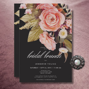 Black Moody Pink Blush Blooms Bridal Brunch Invitation