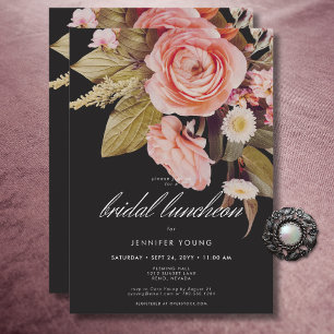 Black Moody Pink Blush Blooms Bridal Luncheon Invitation