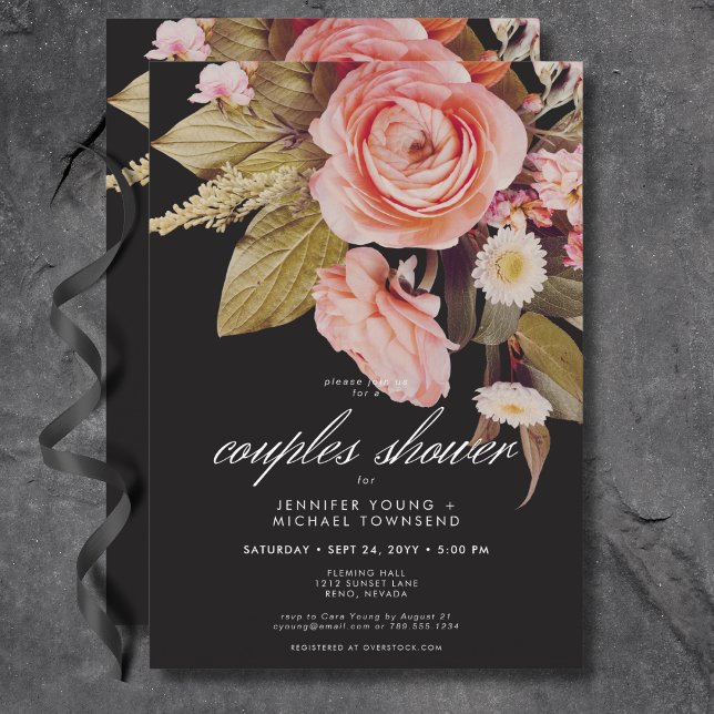 Black Moody Pink Blush Blooms Couples Shower Invitation (Black Moody Pink Blush Blooms Couples Shower Invitation)