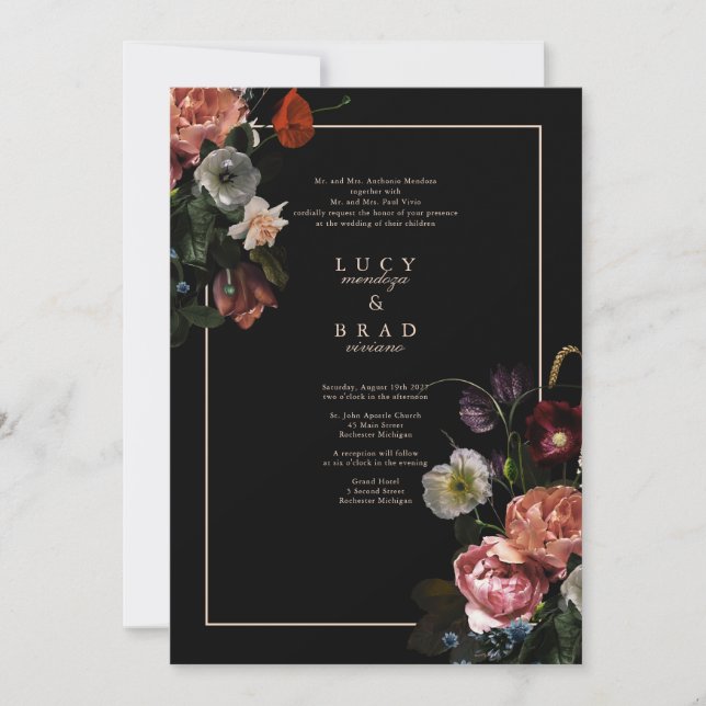 Black Moody Wedding Invite | Dramatic Florals (Front)