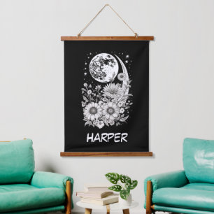 black moon and flowers customized with name hanging tapestry