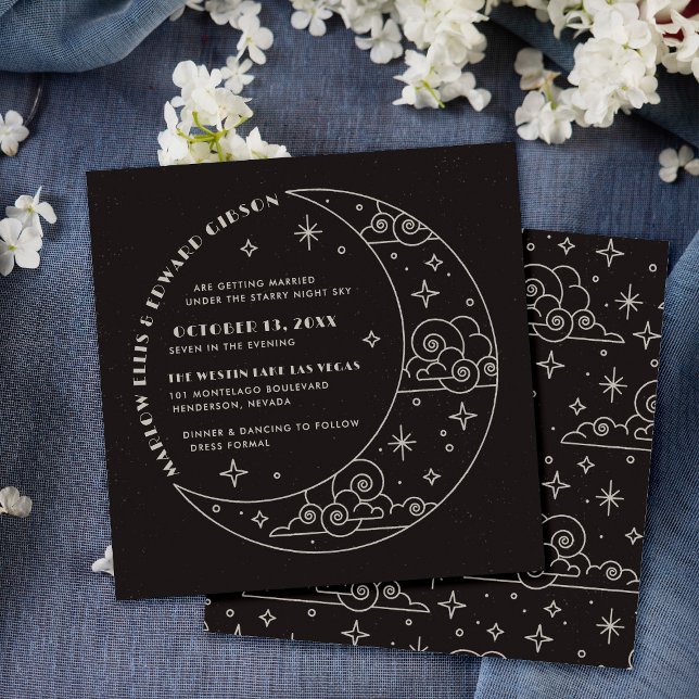 Black Moon & Stars Celestial Wedding Invitation (Creator Uploaded)