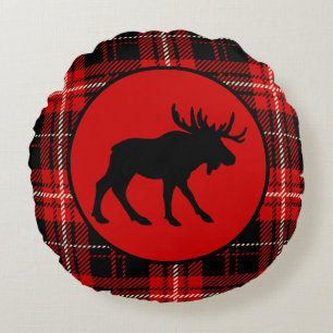 Black Moose, Red Plaid Cabin Round Cushion