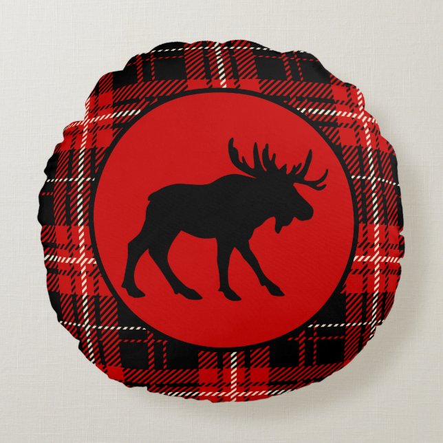 Black Moose, Red Plaid Cabin Round Cushion (Front)