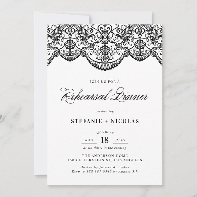 Black Moroccan Lace Rehearsal Dinner Invitation (Front)