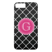 Black Moroccan Lattice Pattern Hot Pink Monogram