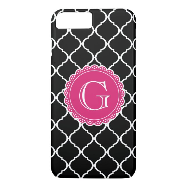 Black Moroccan Lattice Pattern Hot Pink Monogram Case-Mate iPhone Case (Back)